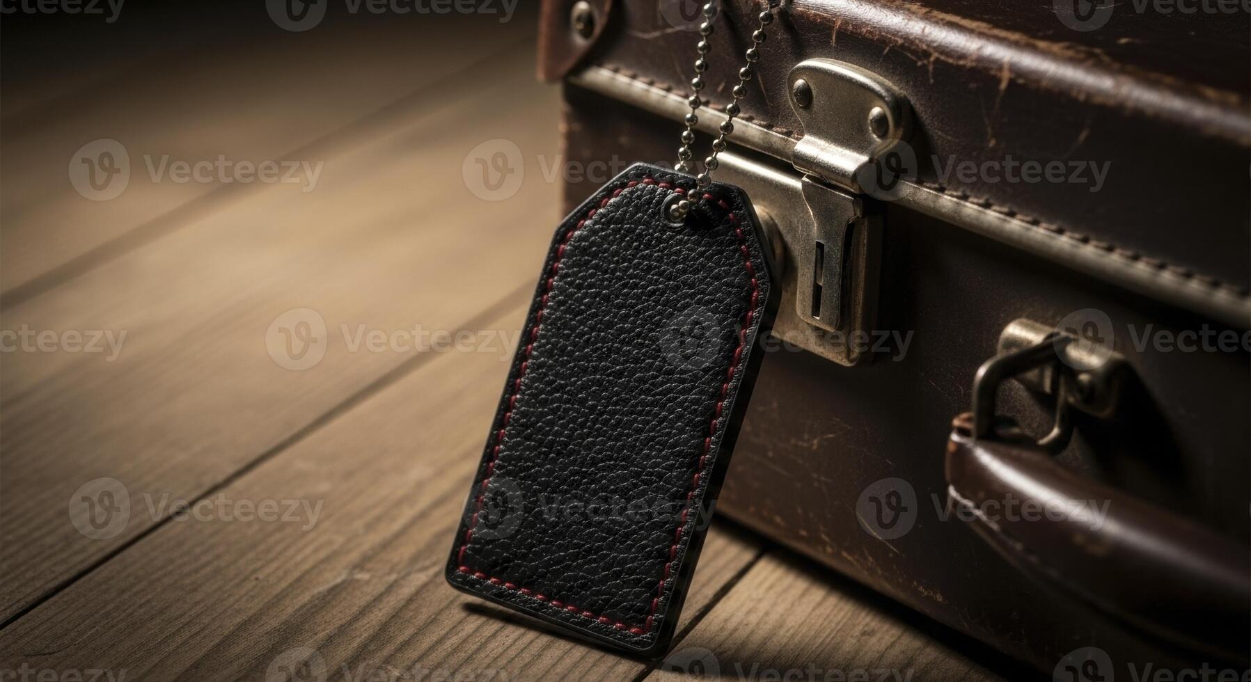 Black Leather Luggage Tag with Red Stitching on a Vintage Brown Suitcase photo