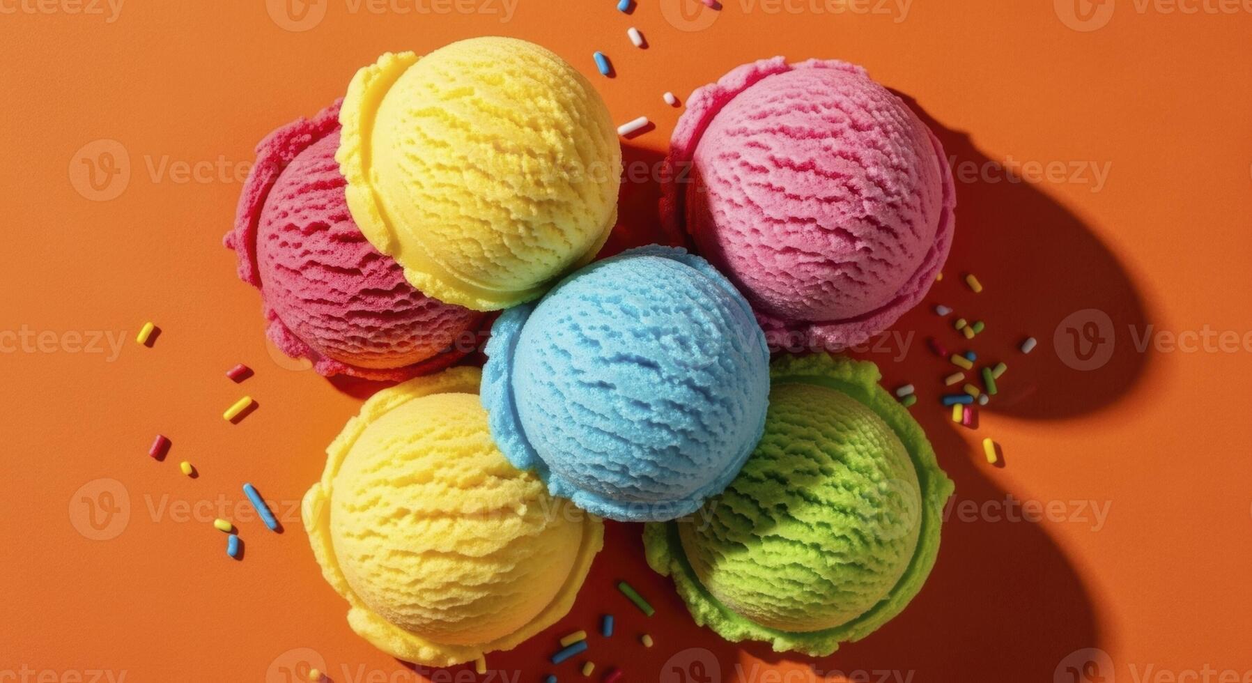 Colorful Ice Cream Scoops with Sprinkles on a Bright Orange Background from Top View photo