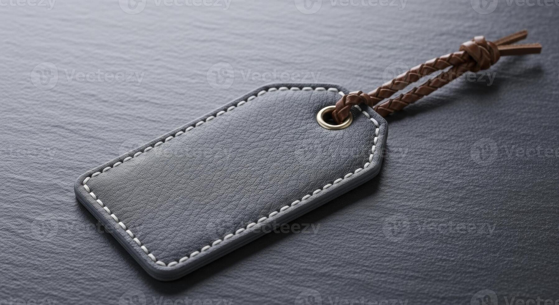 Blank Dark Grey Leather Tag with White Stitching and Braided Strap on Textured Surface photo