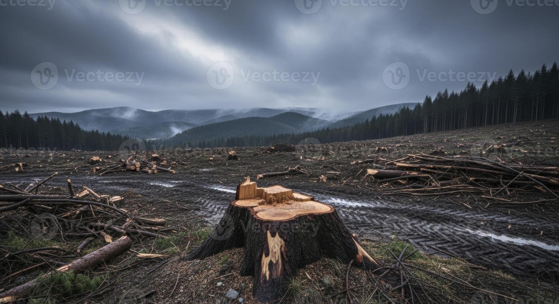 Prominent Tree Stump in a Vast Deforested Landscape Under a Dark Cloudy Sky photo
