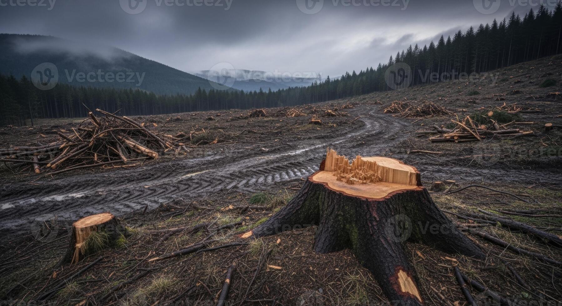 Prominent tree stump in a deforested area showing environmental impact of logging photo