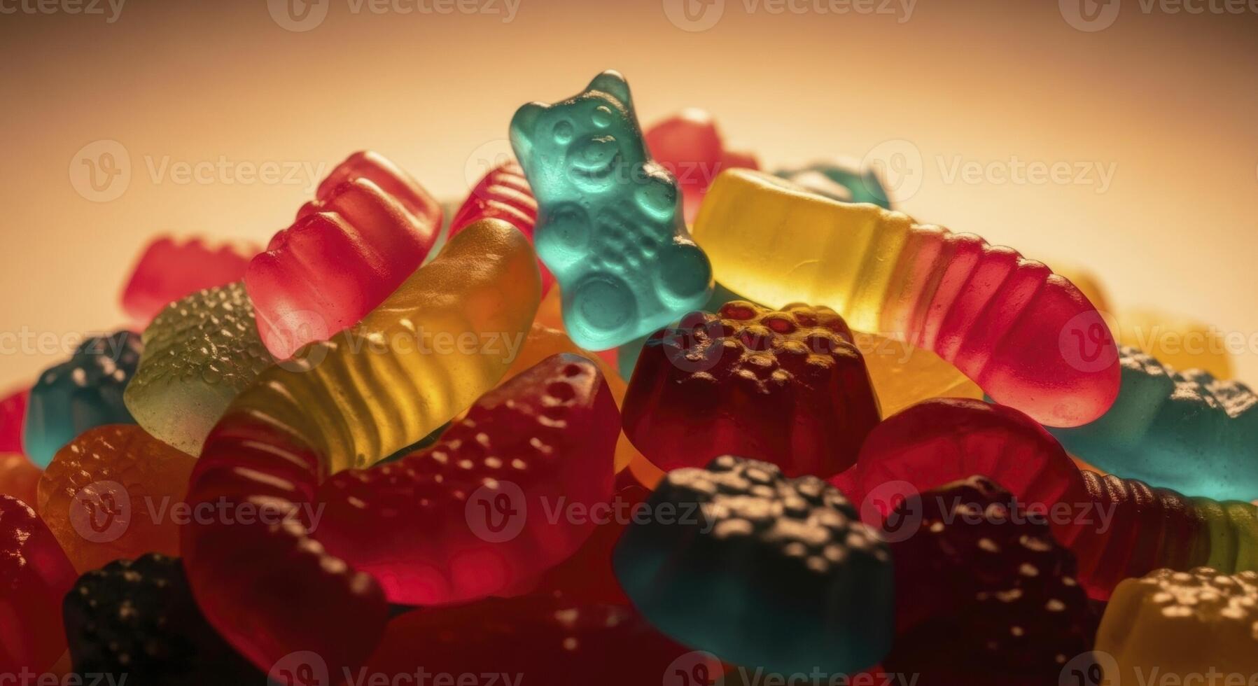 Colorful Gummy Candies Pile with Gummy Bears and Worms Illuminated by Warm Light photo