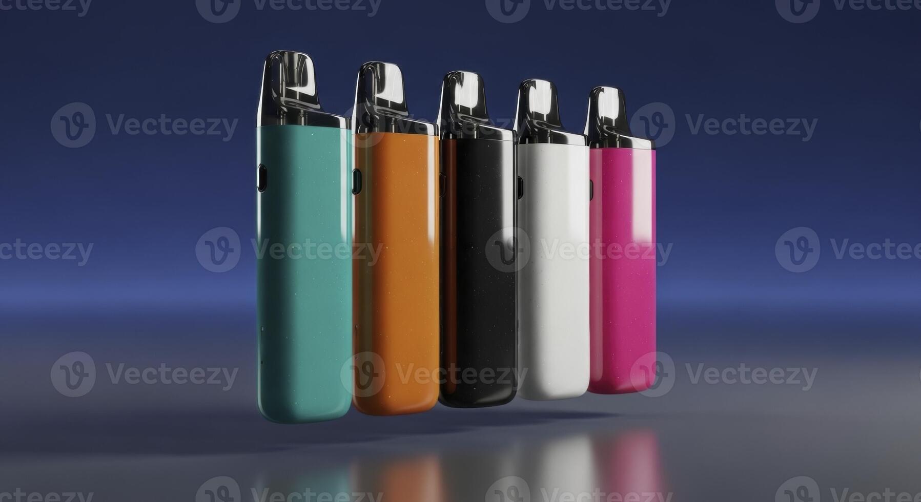Sleek colorful vape pens in a row, modern electronic cigarette devices with glossy finish photo