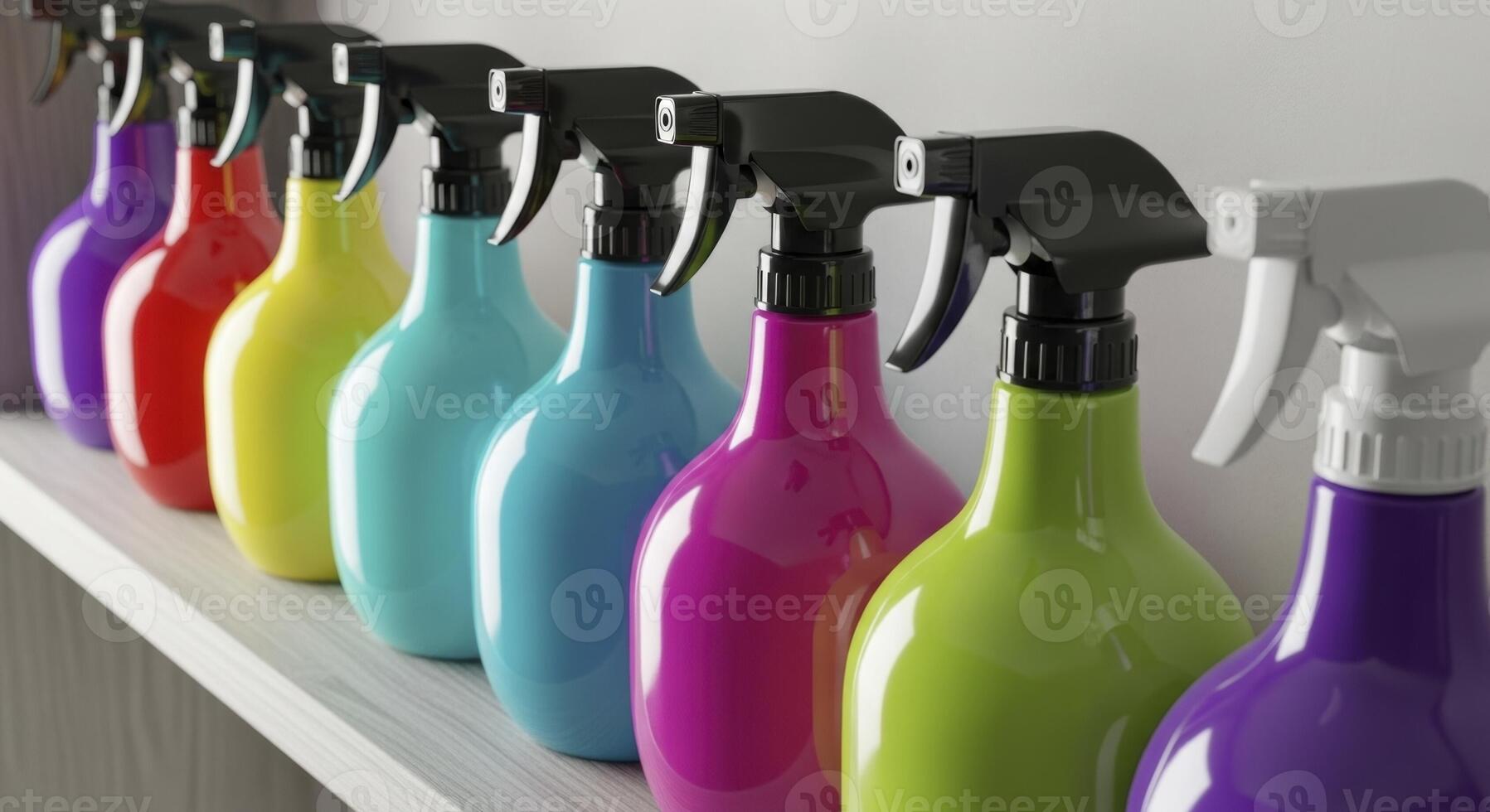 Colorful plastic spray bottles neatly lined up in a vibrant row for household cleaning photo