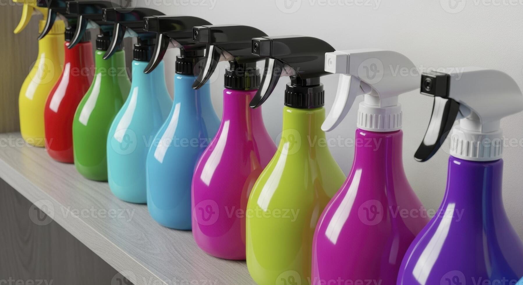 Colorful plastic spray bottles neatly arranged in a vibrant row for household cleaning photo