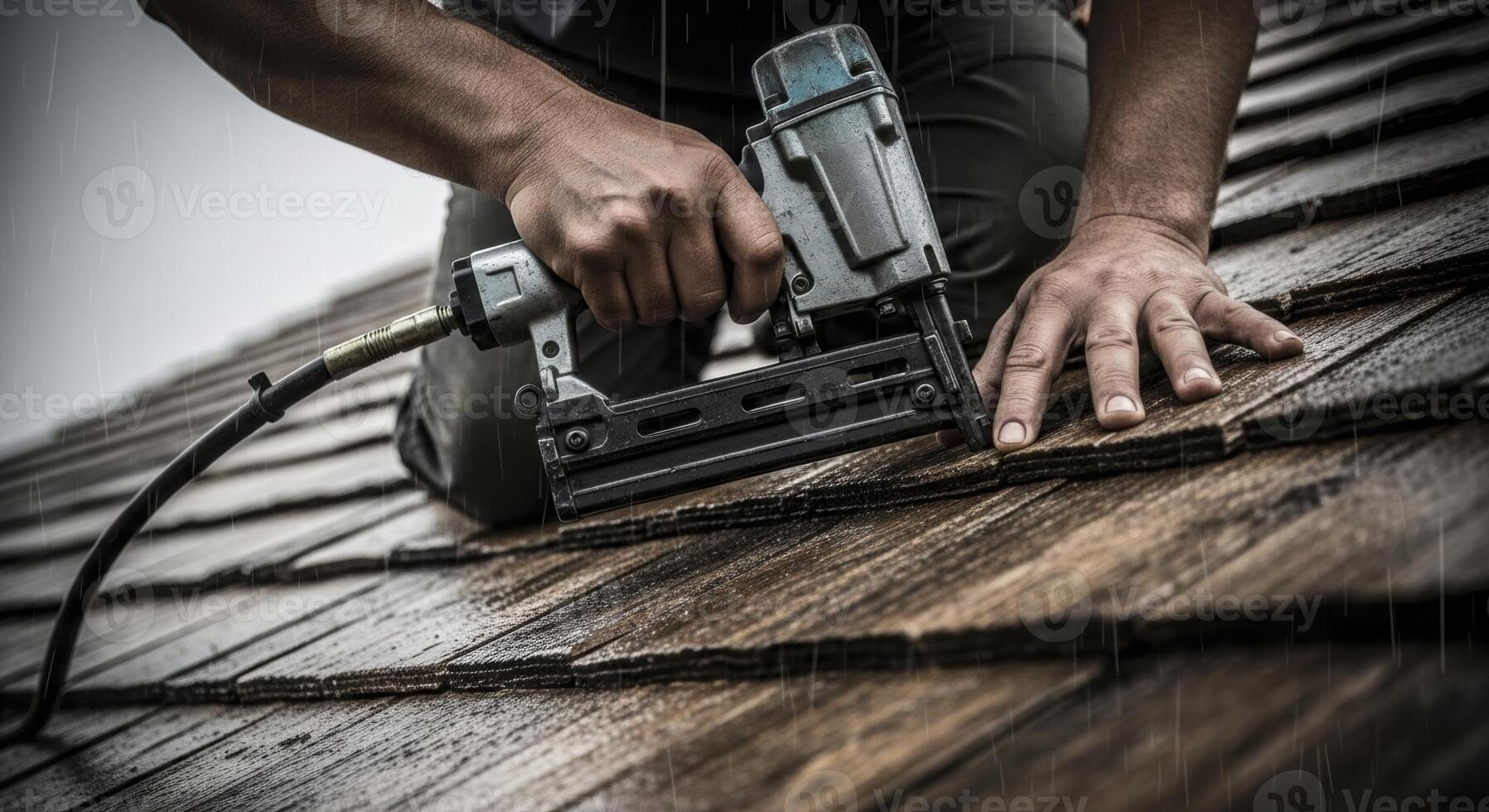 Roofer Using Nail Gun to Install Shingles on a Wet Roof During Rain photo