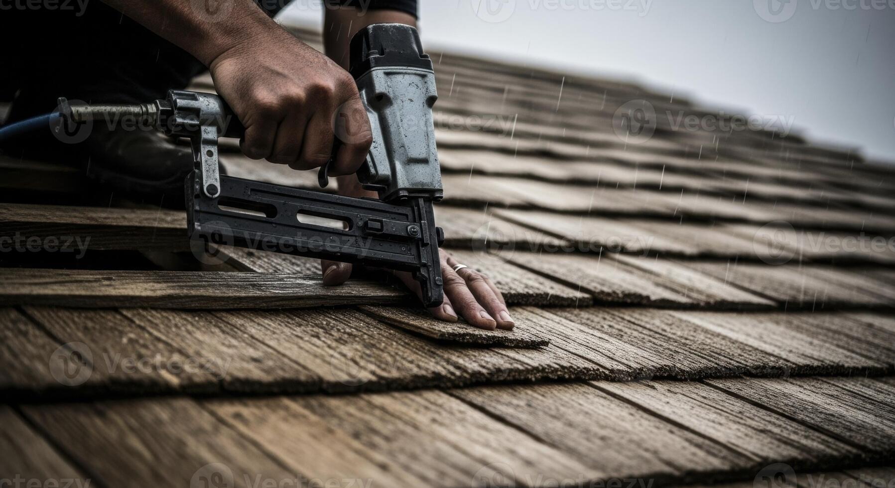 Roofer Installing Wooden Shingles with a Nail Gun on a Residential Roof photo