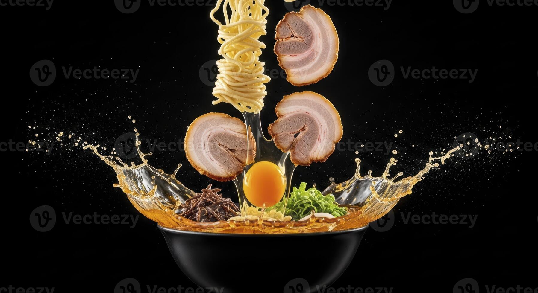 Dynamic Ramen Bowl with Noodles, Chashu Pork, and Egg Yolk Splashing into Broth photo