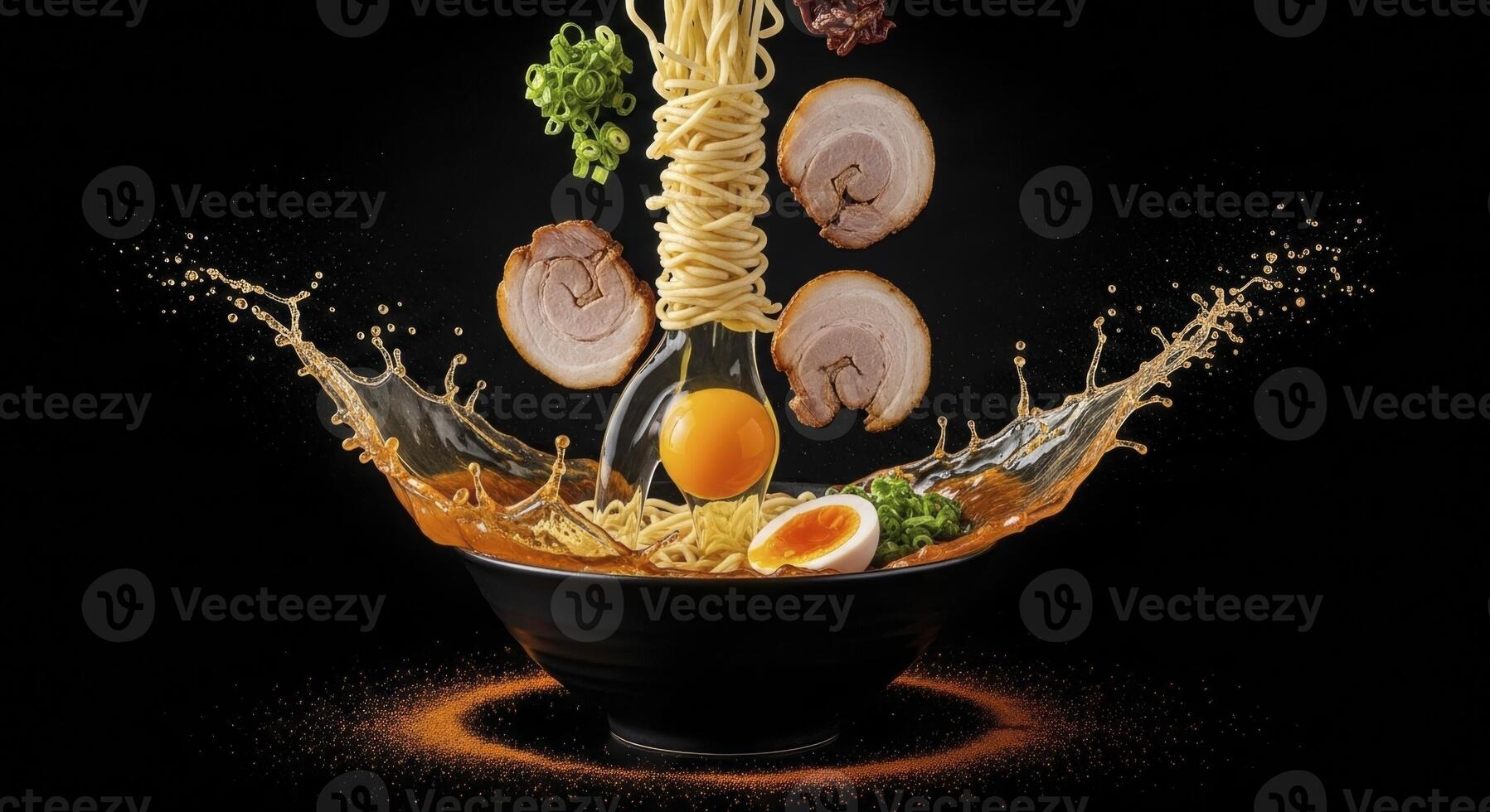 Dynamic ramen ingredients assembling into a bowl with a dramatic broth splash photo