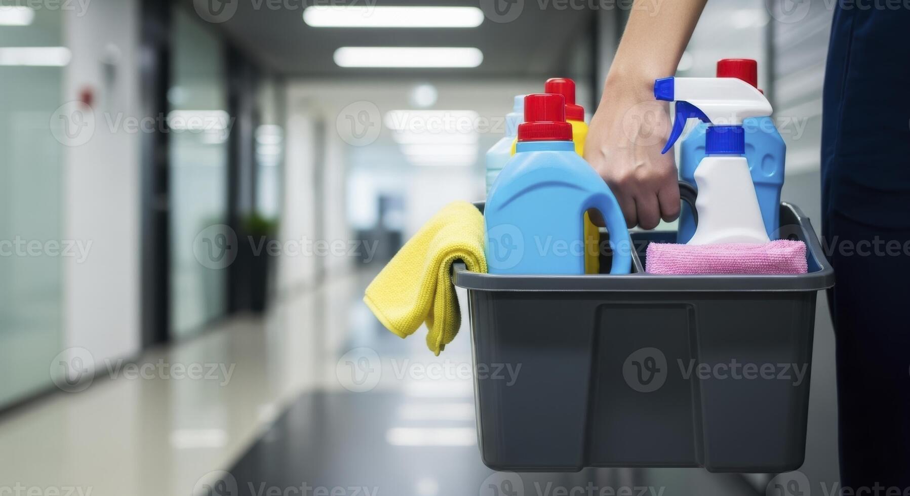 Professional Cleaner Carrying Caddy with Supplies in Modern Office Hallway photo