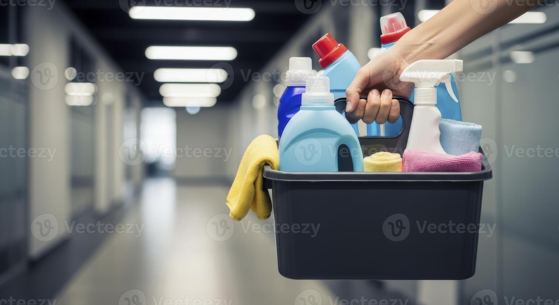 Hand holding a cleaning caddy filled with various cleaning supplies for professional or home use photo