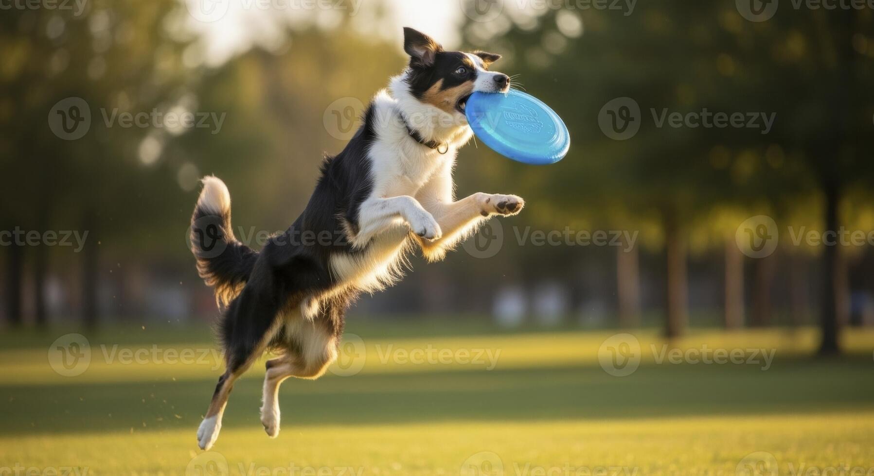 Energetic Border Collie Dog Leaping High to Catch a Blue Frisbee in a Sunny Park photo