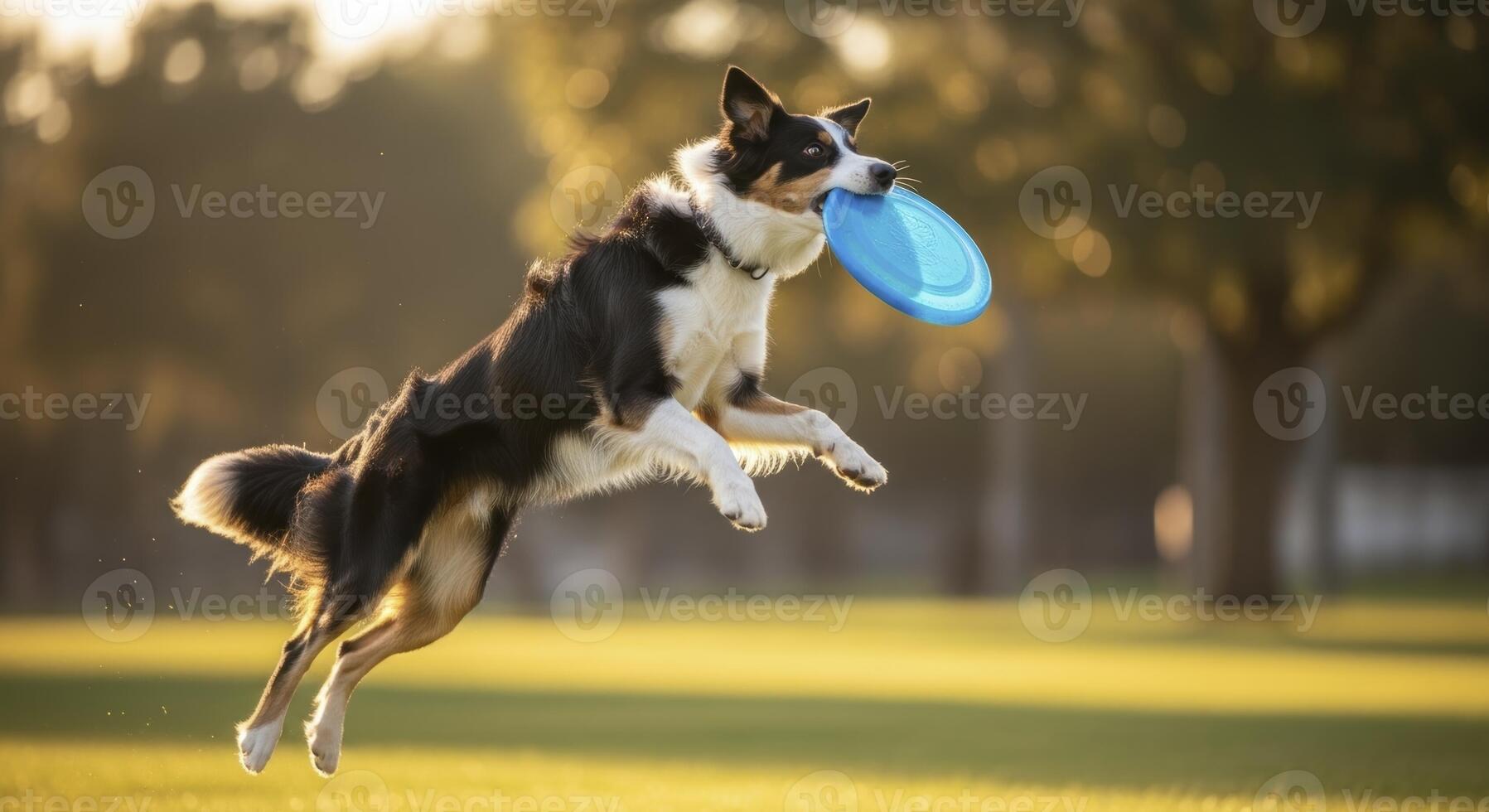 Border Collie dog in mid air catching a blue frisbee during an outdoor play session photo