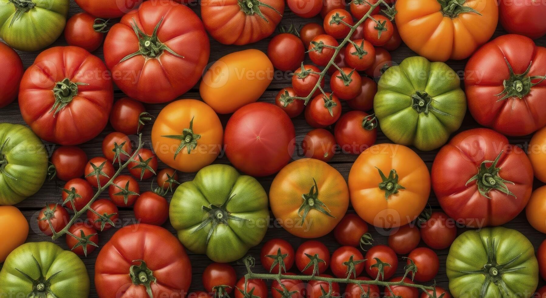 Colorful Assortment of Fresh Ripe and Unripe Tomatoes Including Cherry and Heirloom Varieties photo