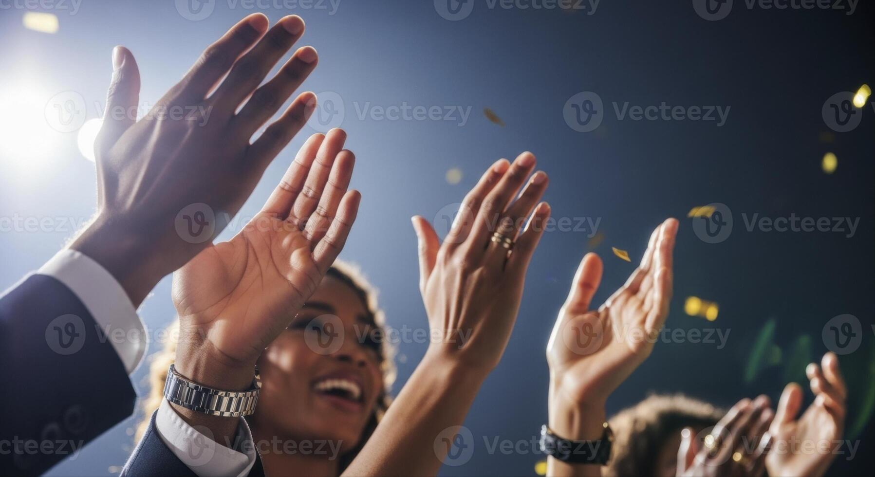 Diverse hands clapping enthusiastically at a celebratory event with bright lights and falling confetti. photo