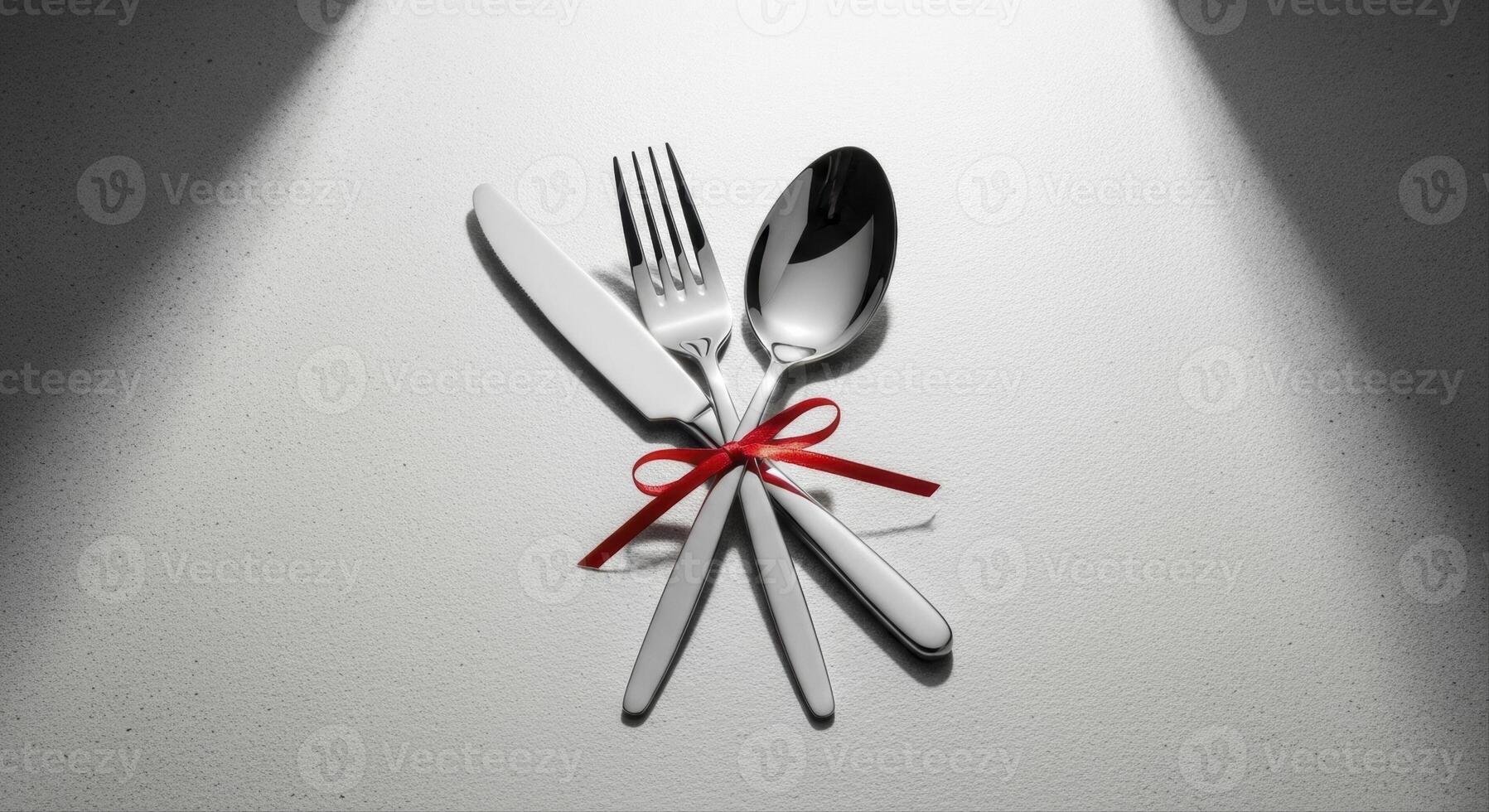 Polished stainless steel cutlery set with red ribbon for elegant dining and special occasions photo