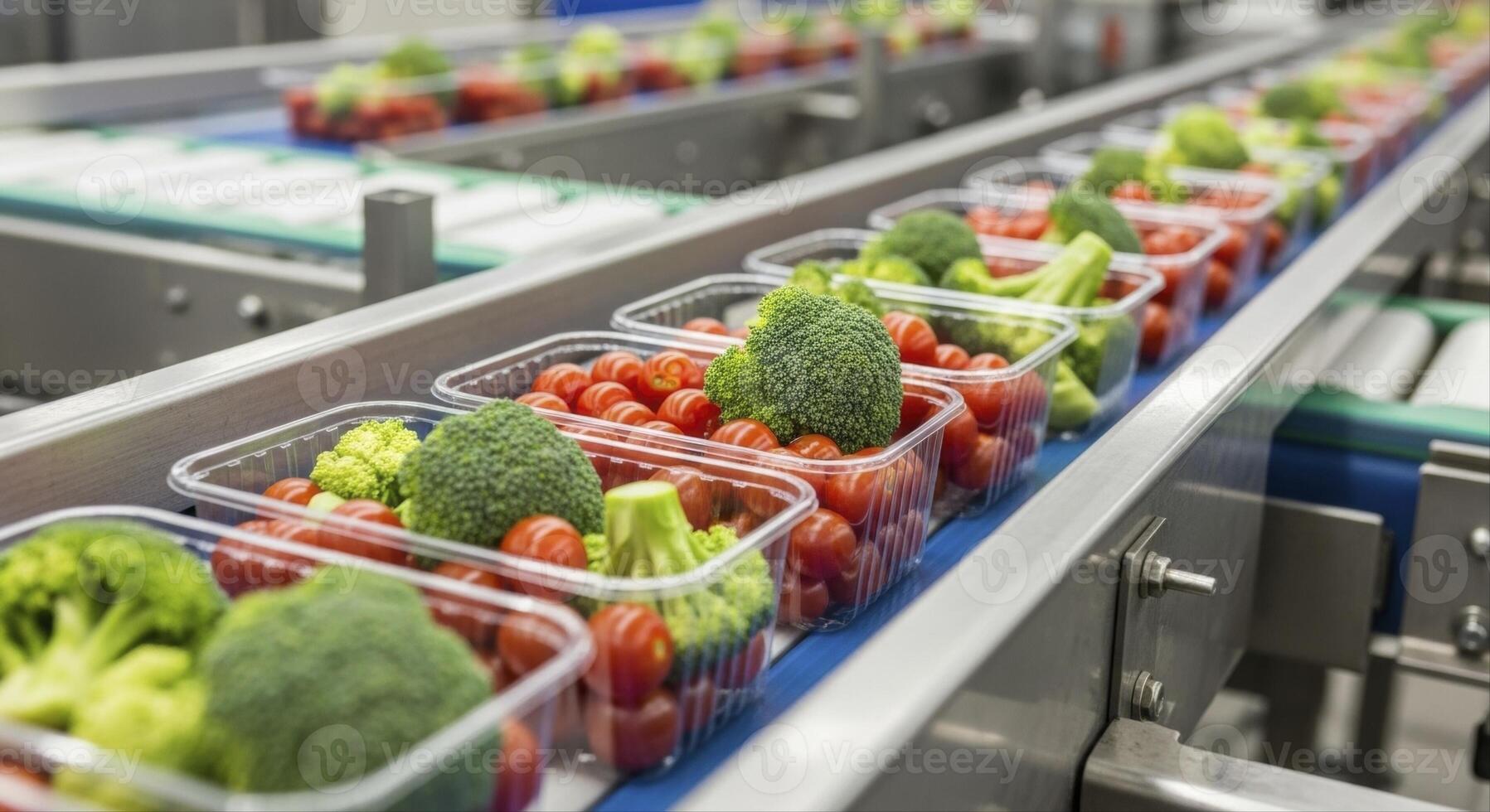 Fresh broccoli and cherry tomatoes packaged on an automated conveyor belt in a food factory. photo