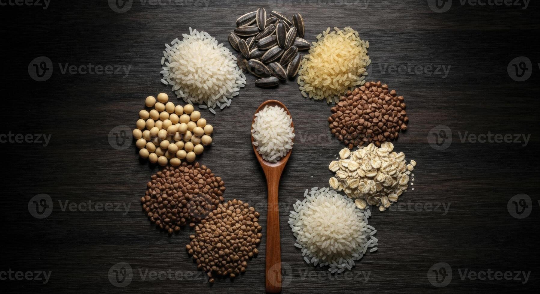 Various healthy grains and seeds arranged in a circle with a wooden spoon on a dark surface photo