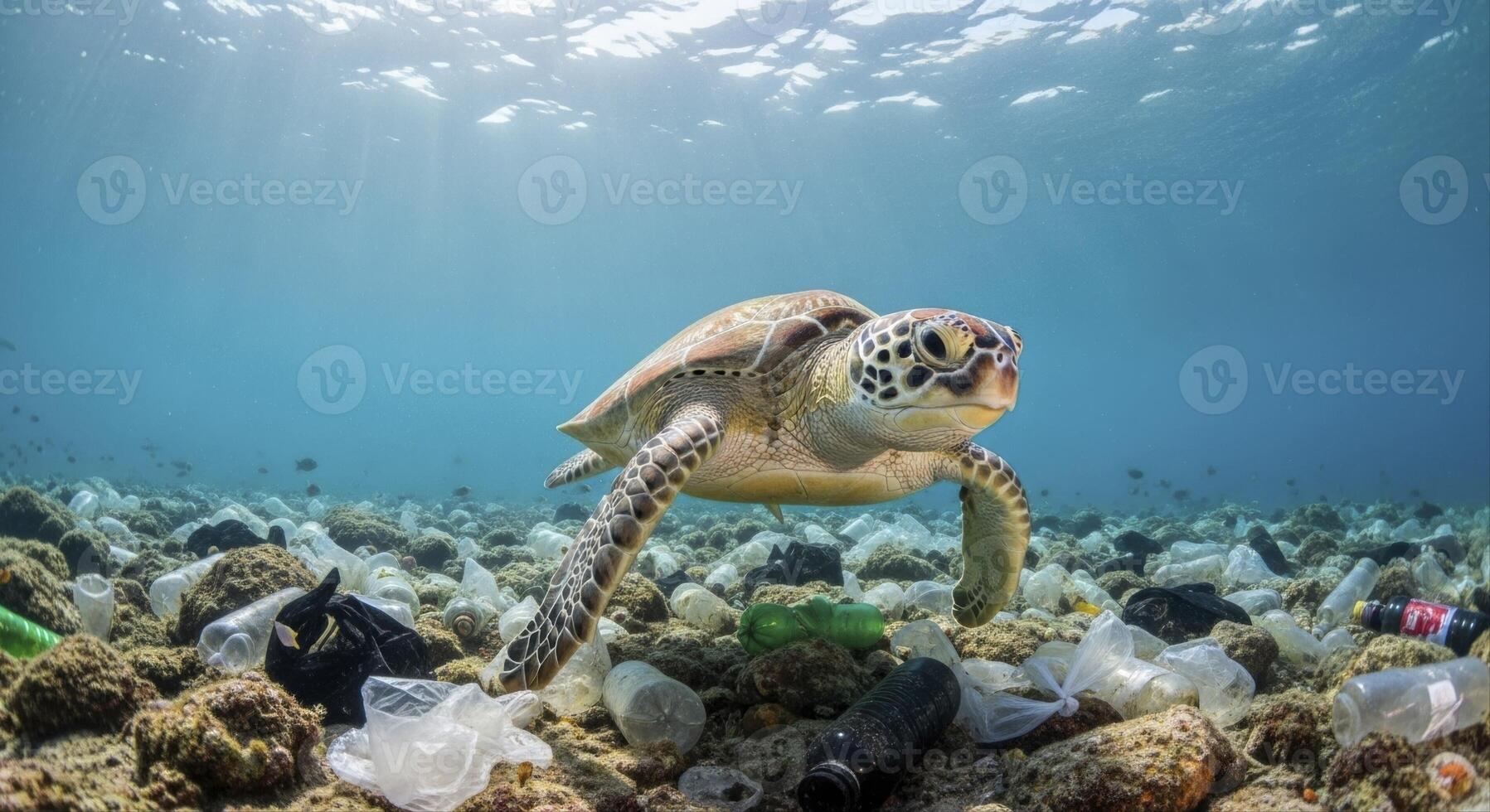 Sea Turtle Swimming Through Polluted Ocean with Plastic Waste on Seabed photo