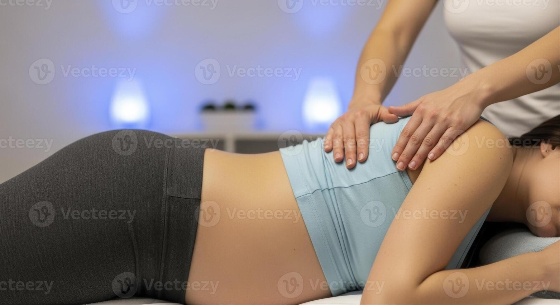 Pregnant woman receiving a relaxing prenatal back and shoulder massage from a therapist photo