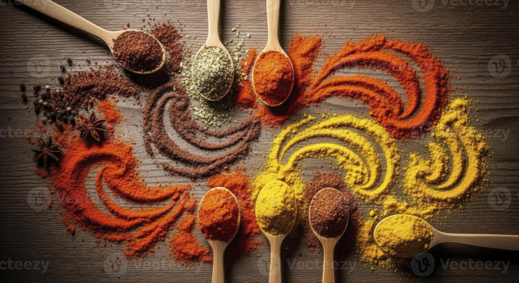 Colorful Spices and Herbs with Wooden Spoons on a Rustic Table Top View photo