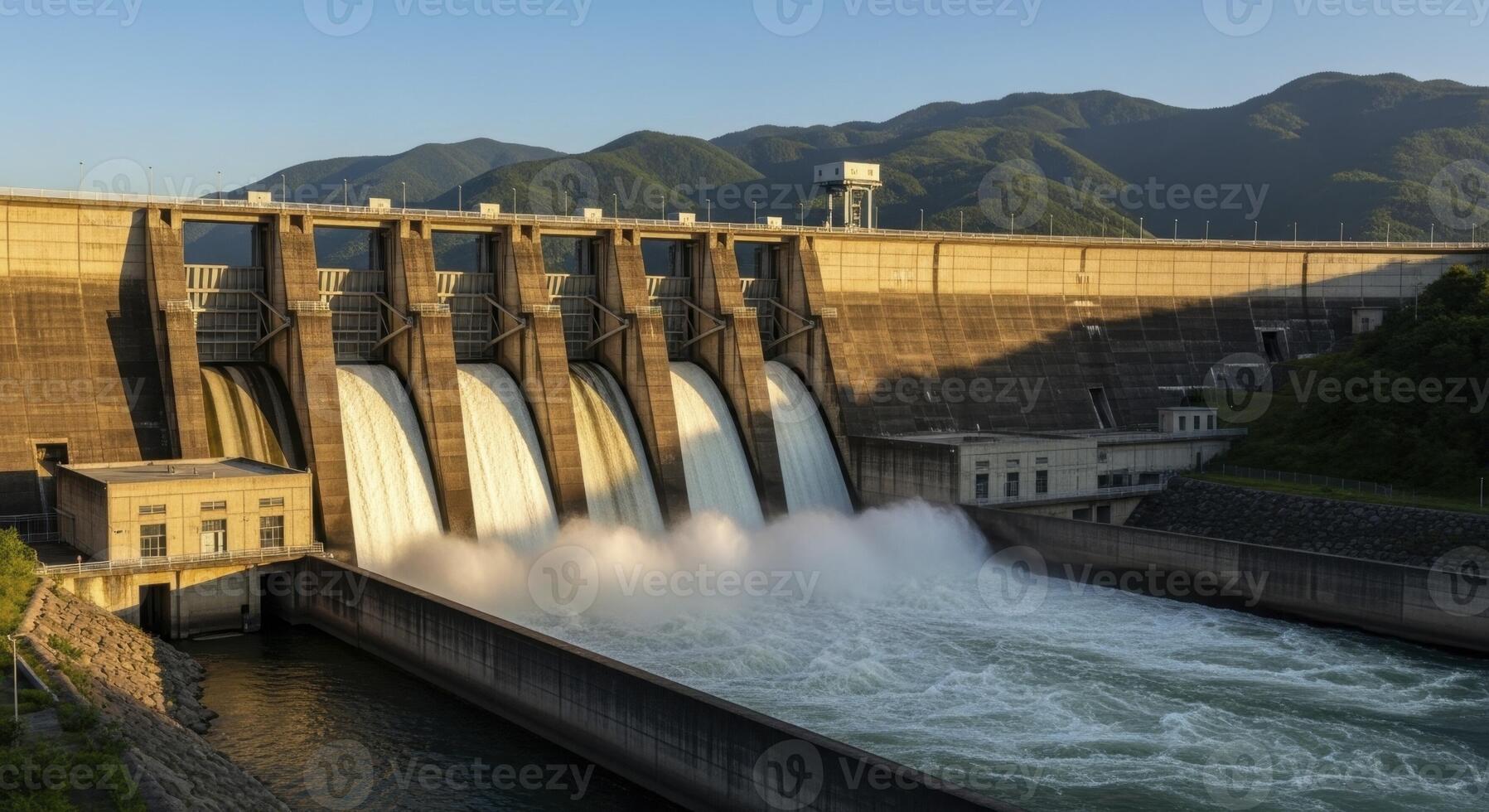 Large concrete dam with powerful water release from spillways for hydroelectric power generation. photo