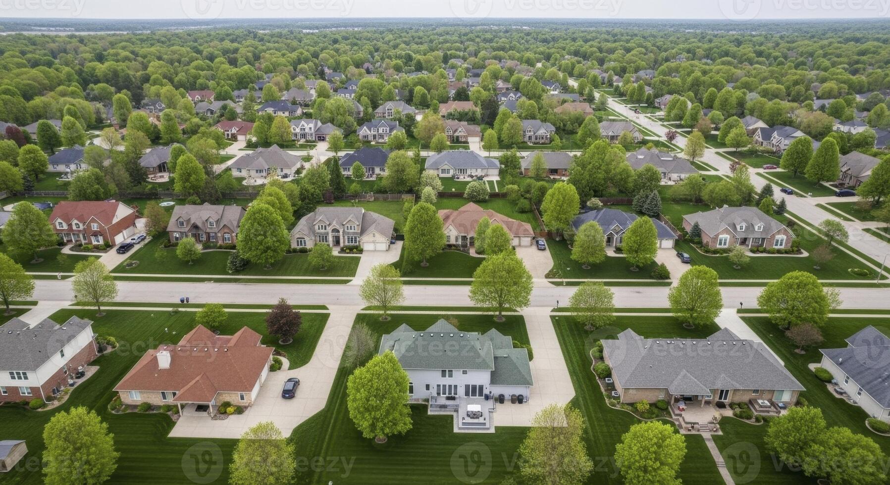 Aerial view of a sprawling suburban residential neighborhood with many houses and green trees photo