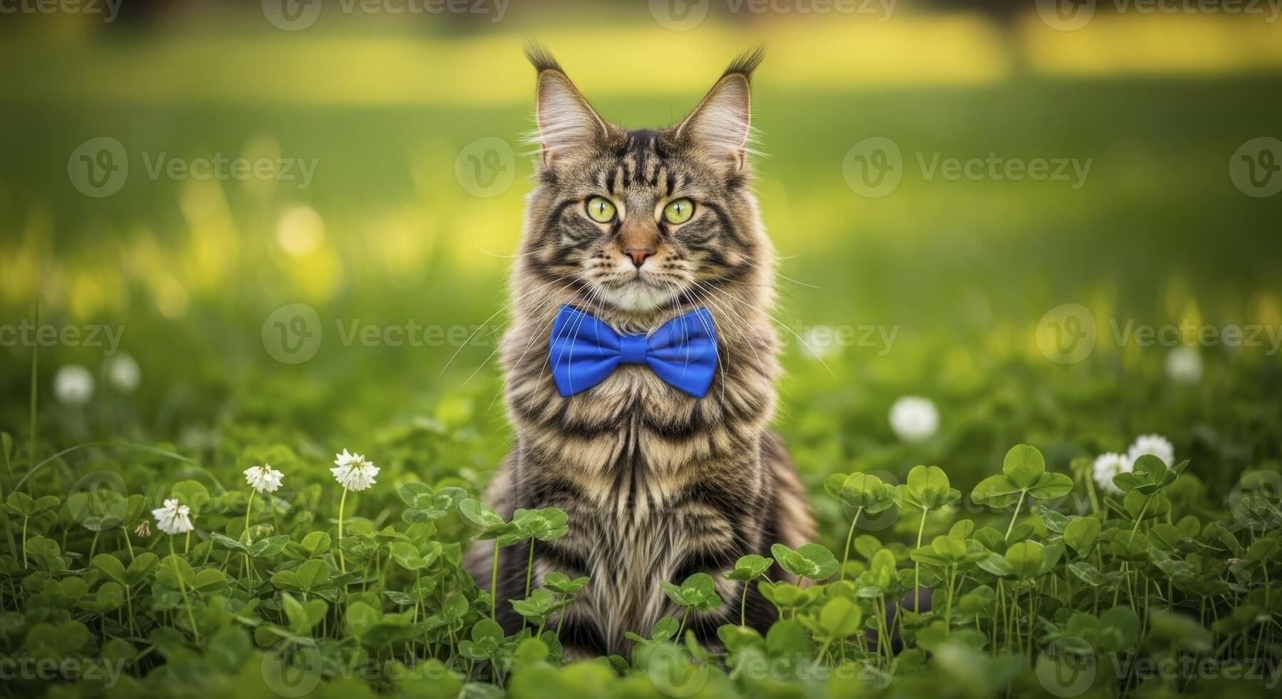 Majestic brown tabby Maine cat with green eyes and blue bow tie in a clover field photo