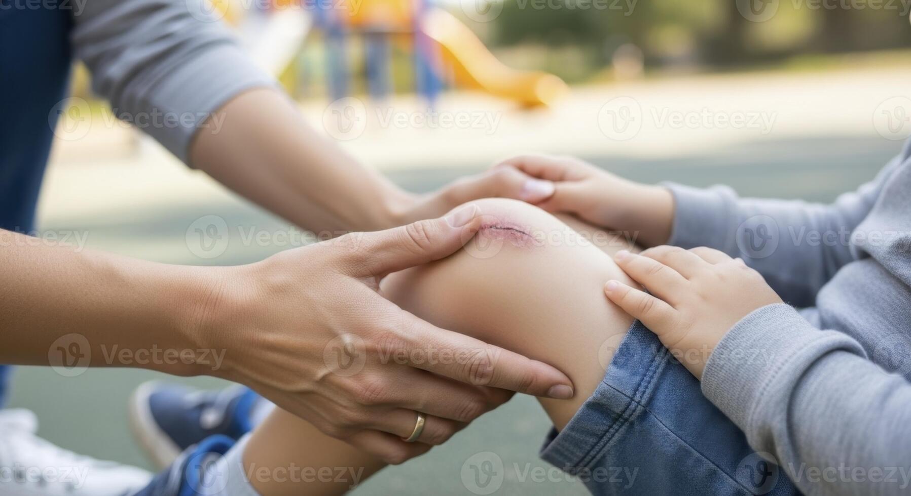 Parent comforting child with a scraped knee after a fall on the playground photo