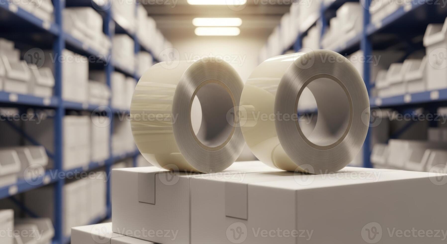 Clear packaging tape rolls on white boxes in a modern warehouse storage facility photo