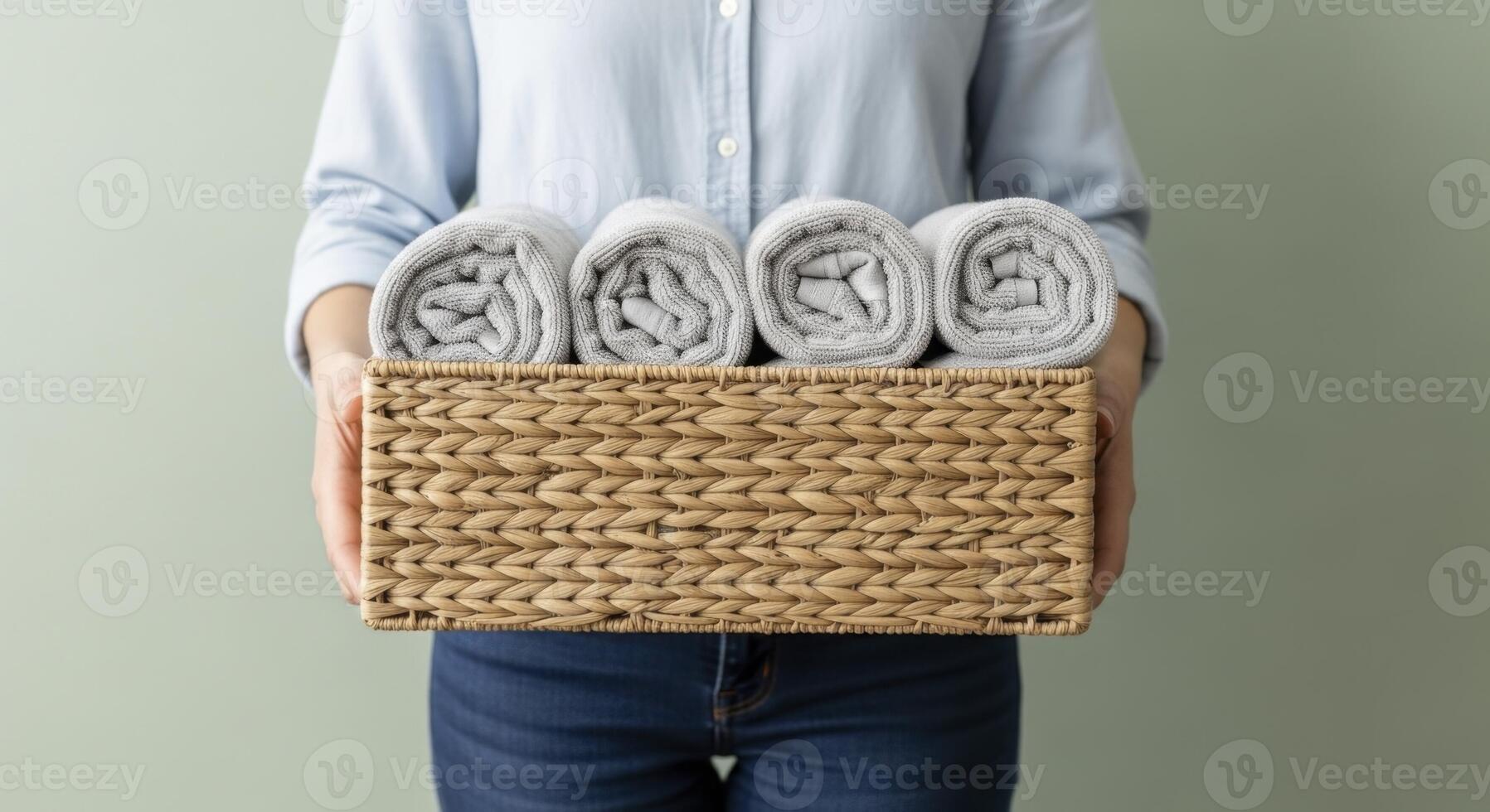 Holding a woven basket filled with neatly rolled grey towels for home organization and comfort photo