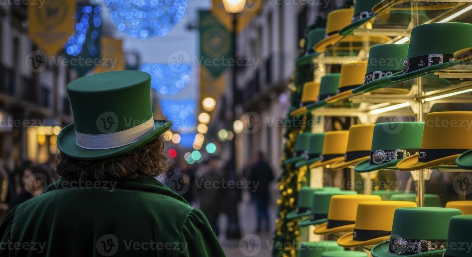 Green top hat and coat from behind, viewing a vibrant display of hats on a festive street photo