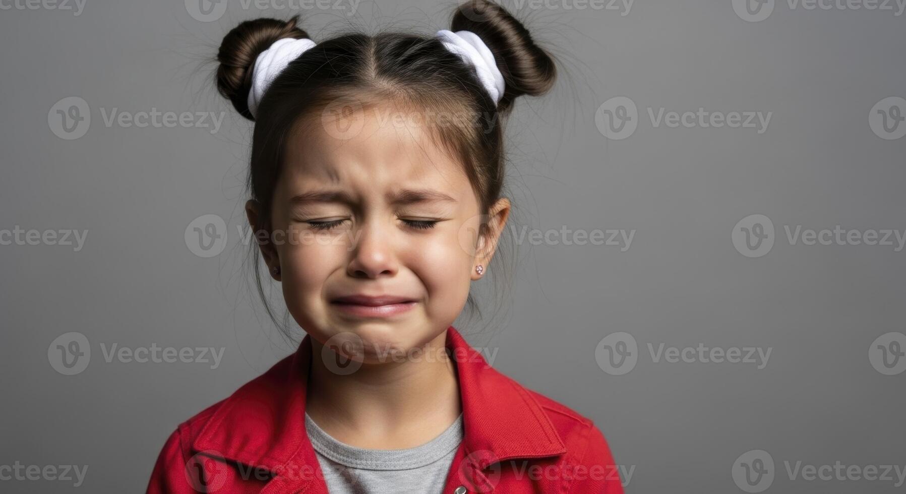 Young girl crying with eyes closed, expressing deep sadness and distress photo