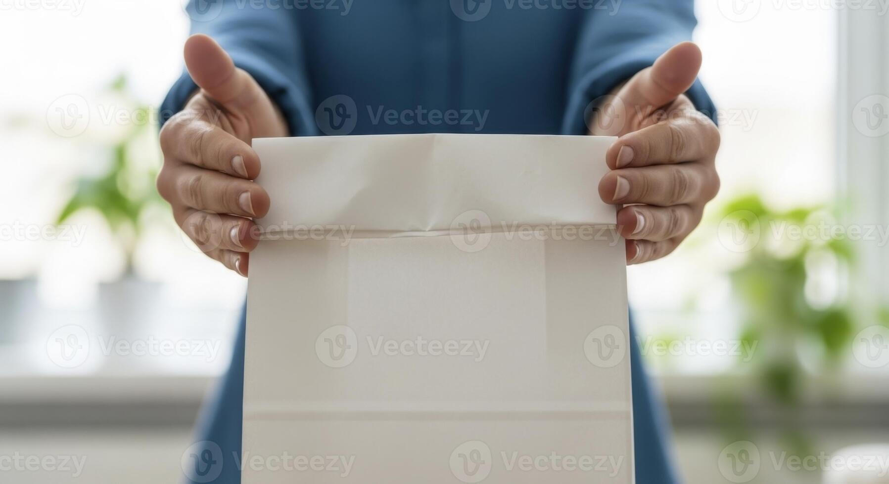 Woman hands holding and presenting a plain white paper bag with ample copy space photo