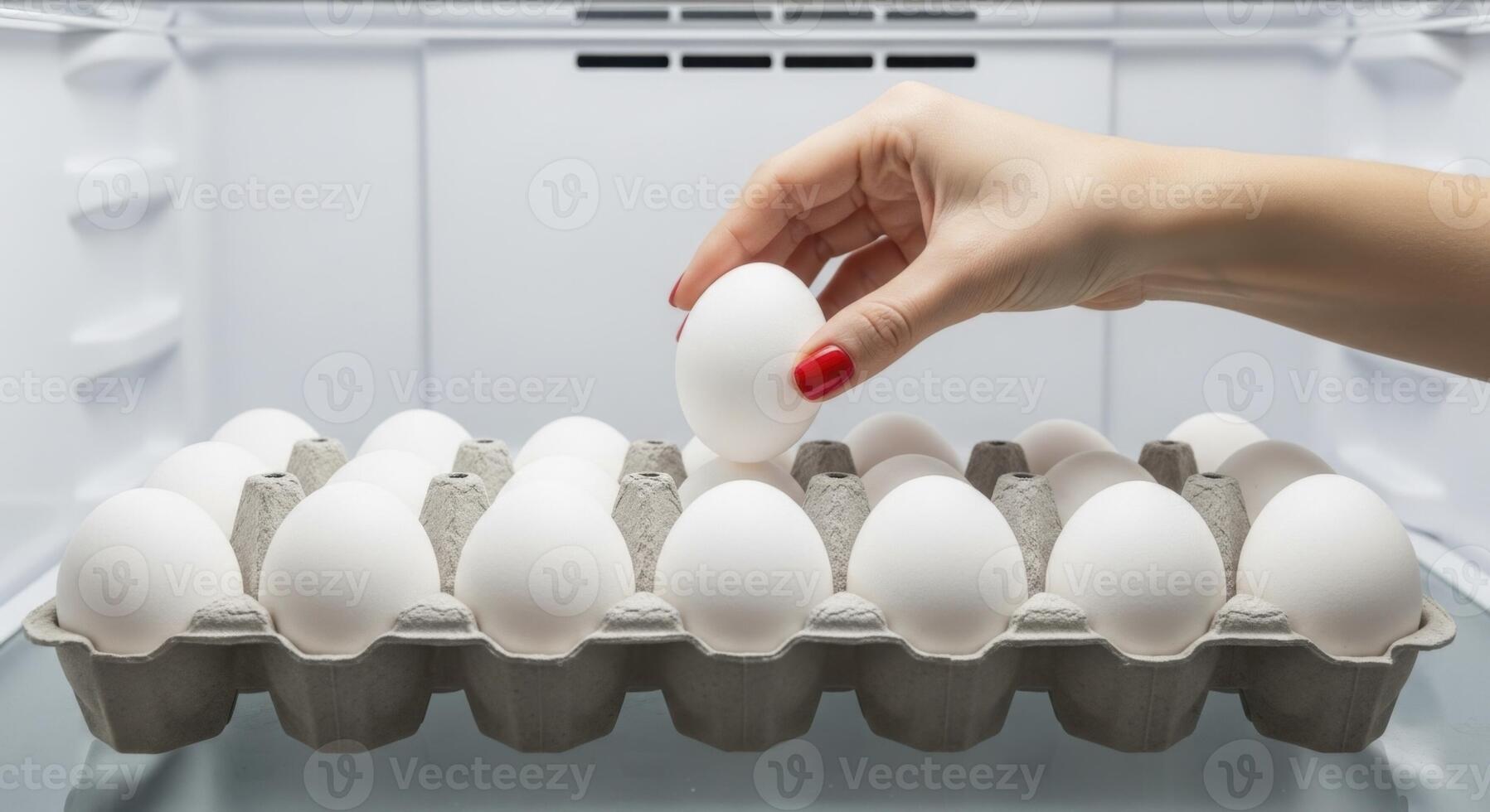 Female Hand Picking a White Egg from a Carton Inside a Refrigerator photo