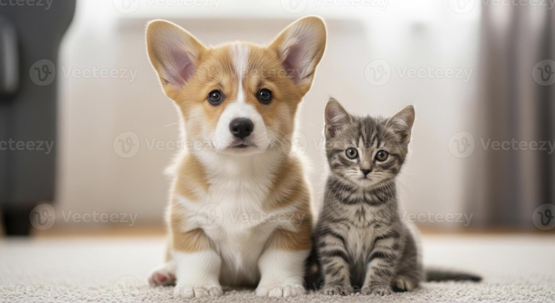 Curious Corgi Puppy and Playful Grey Tabby Kitten Sitting Together on Carpet photo