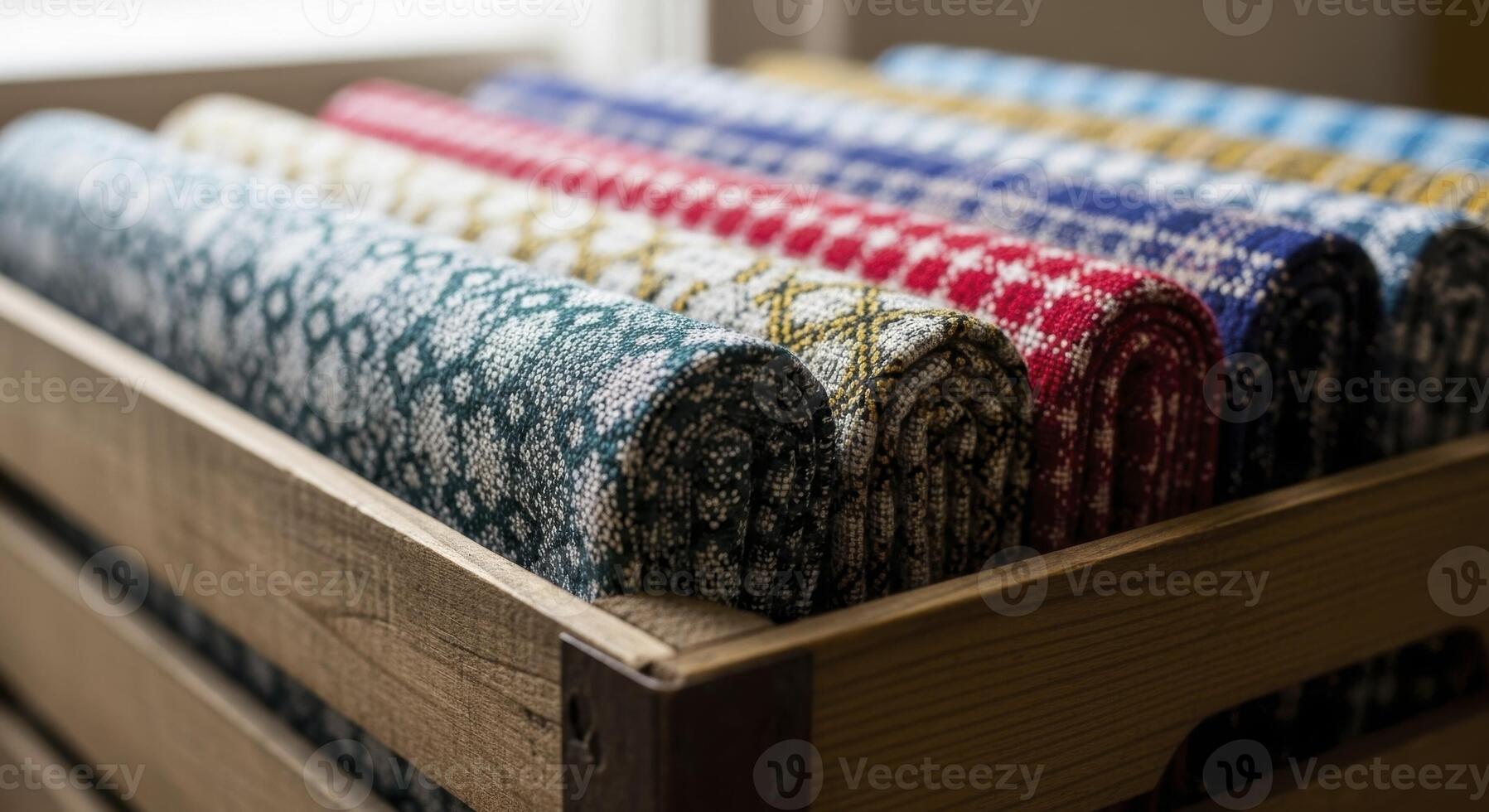 Vibrant Patterned Fabric Rolls Neatly Arranged in a Wooden Crate for Display photo