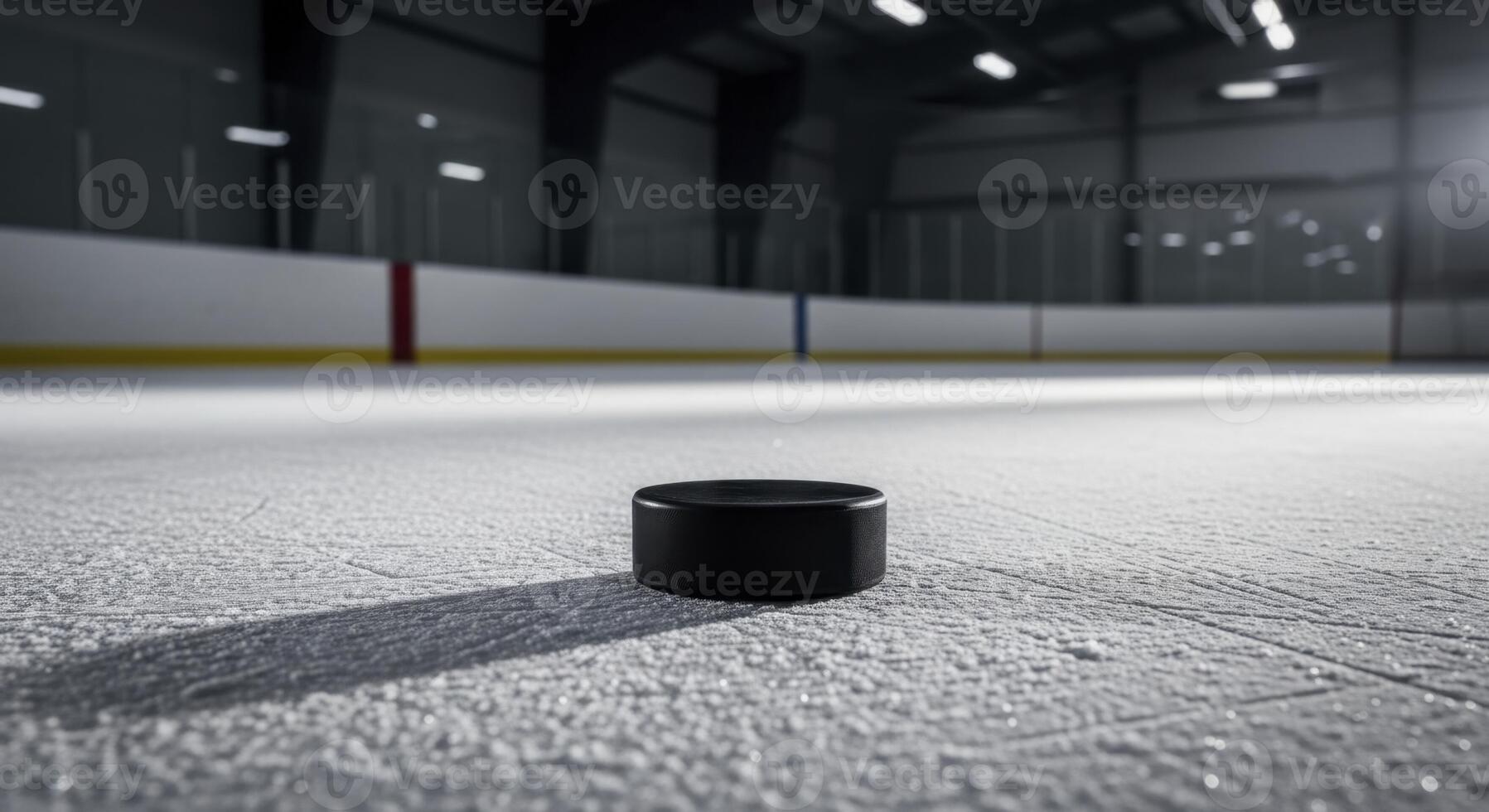 Black Hockey Puck Resting on Textured Ice Surface in an Empty Arena photo