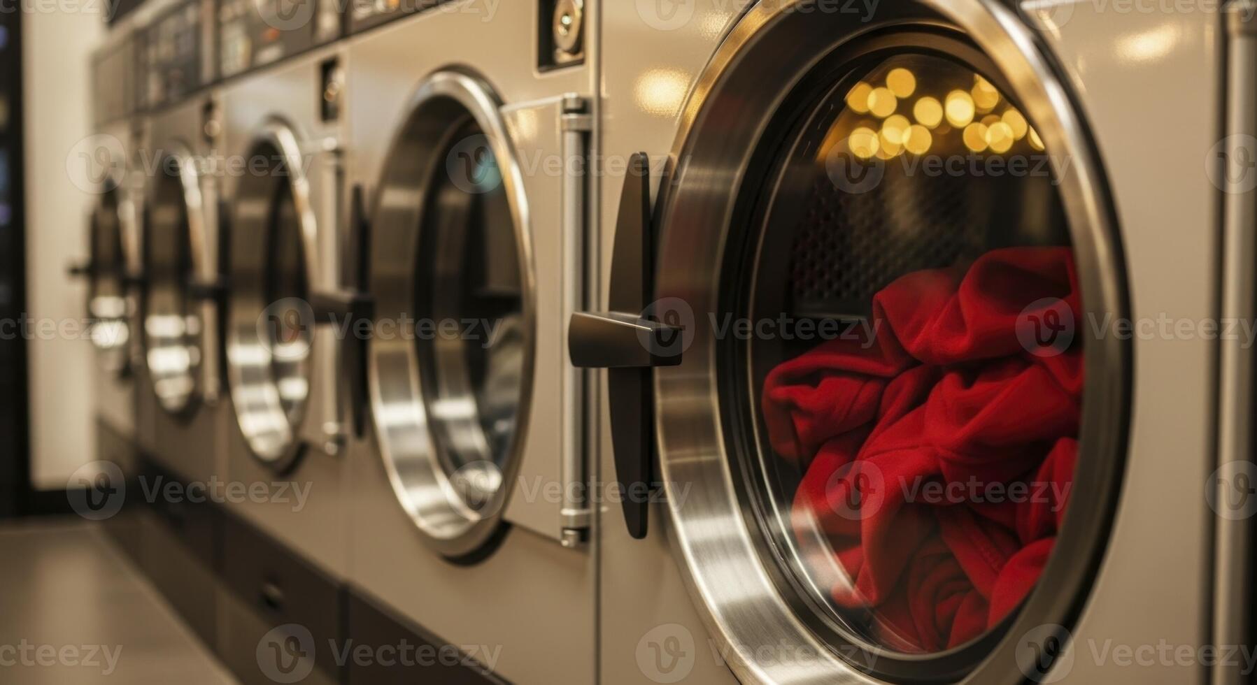Row of modern stainless steel washing machines with red laundry in a laundromat photo