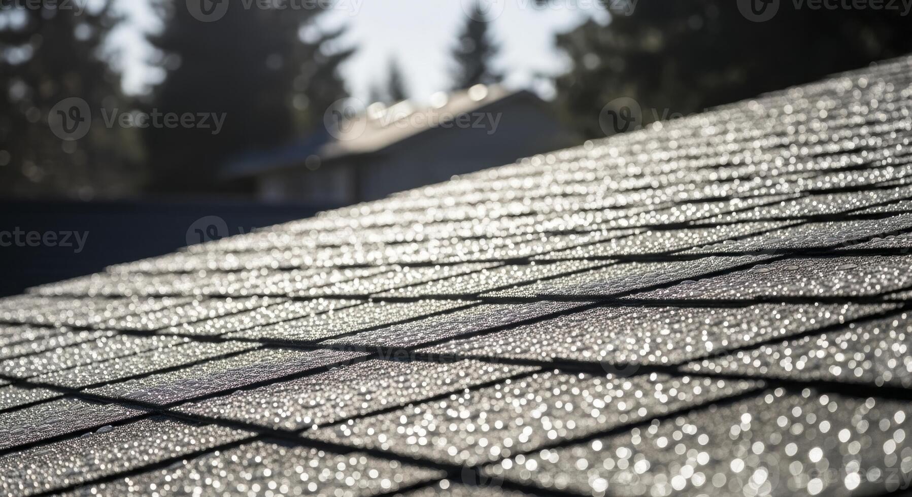 Close up view of a gray asphalt shingle roof covered in glistening water droplets photo