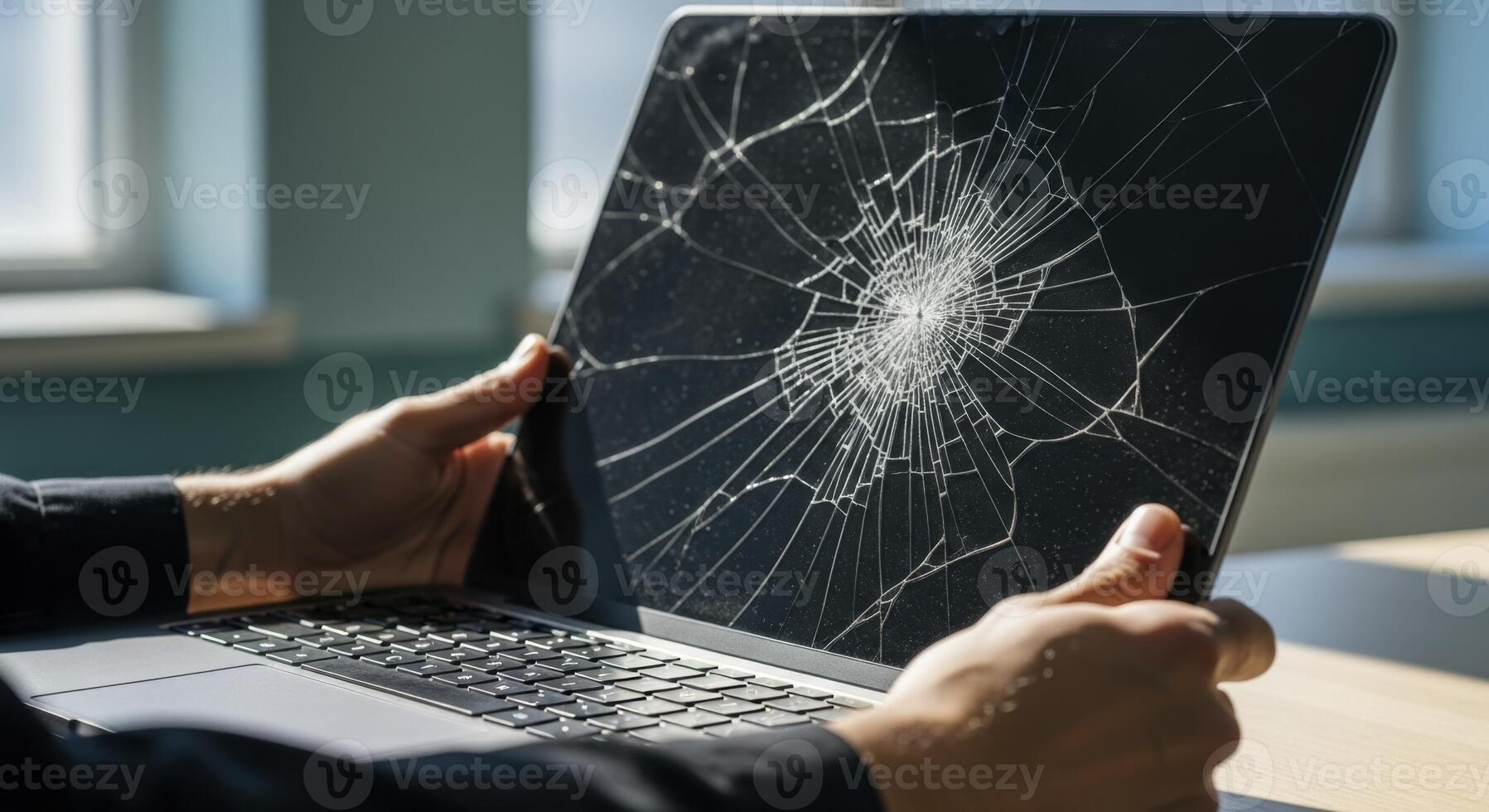 Hands holding a dark gray laptop with a severely cracked and shattered screen photo