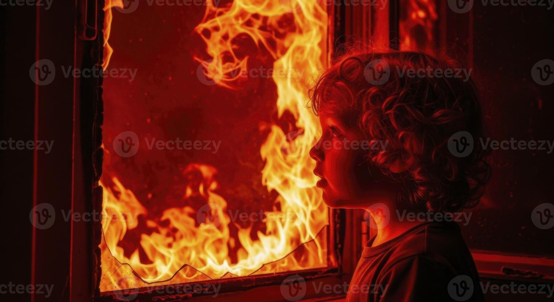 Young child with curly hair looking at intense flames through a window during a house fire photo