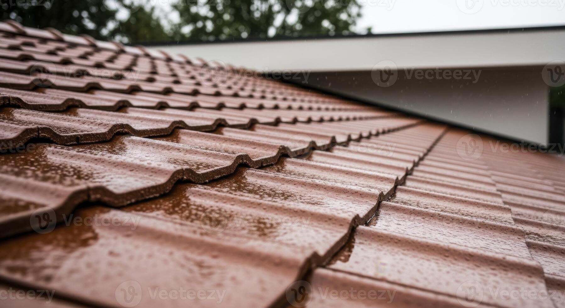 Modern house roof covered in wet terracotta tiles after a rain shower photo