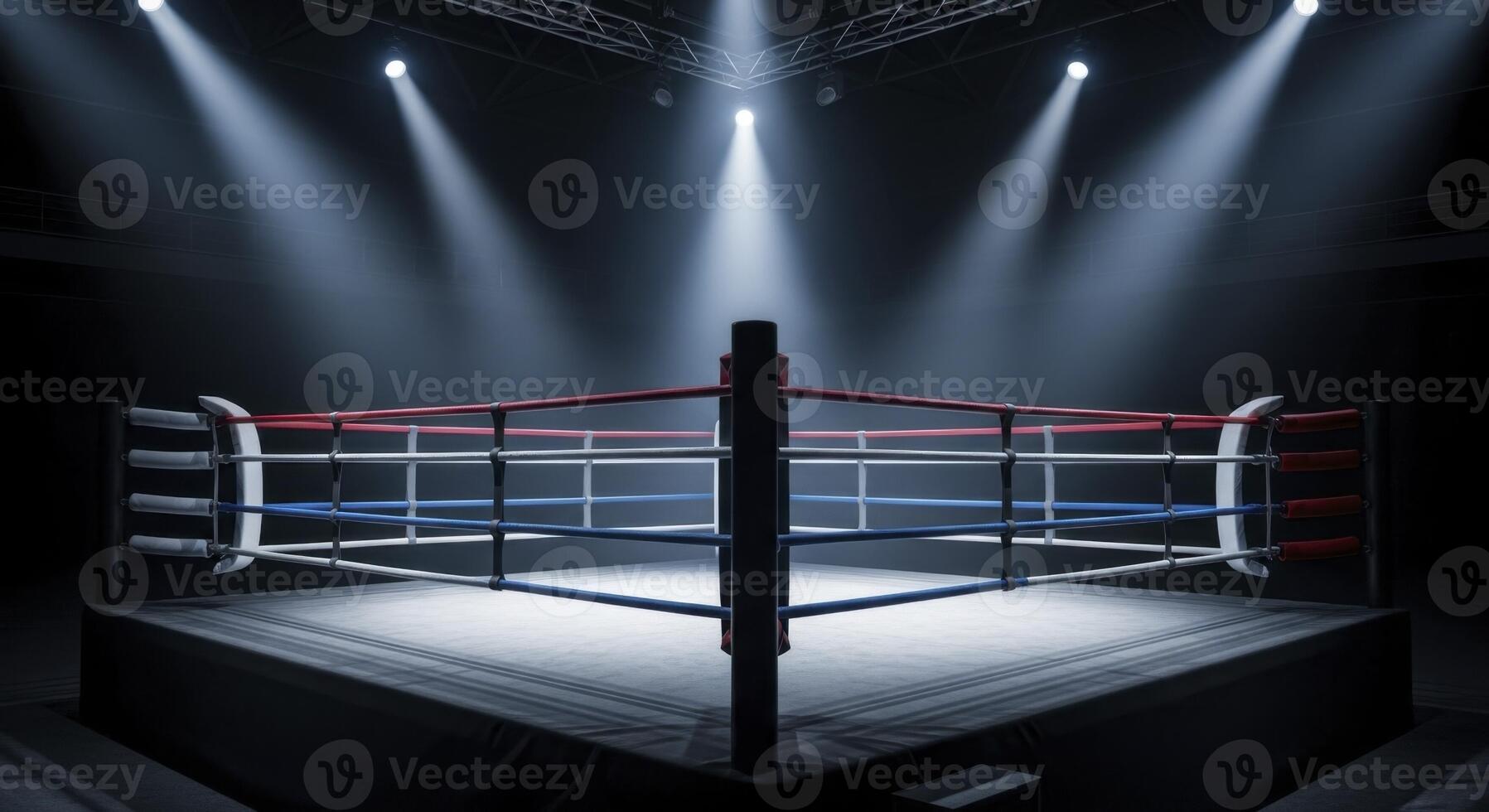 Empty Boxing Ring Illuminated by Bright Spotlights in a Dark Professional Arena photo
