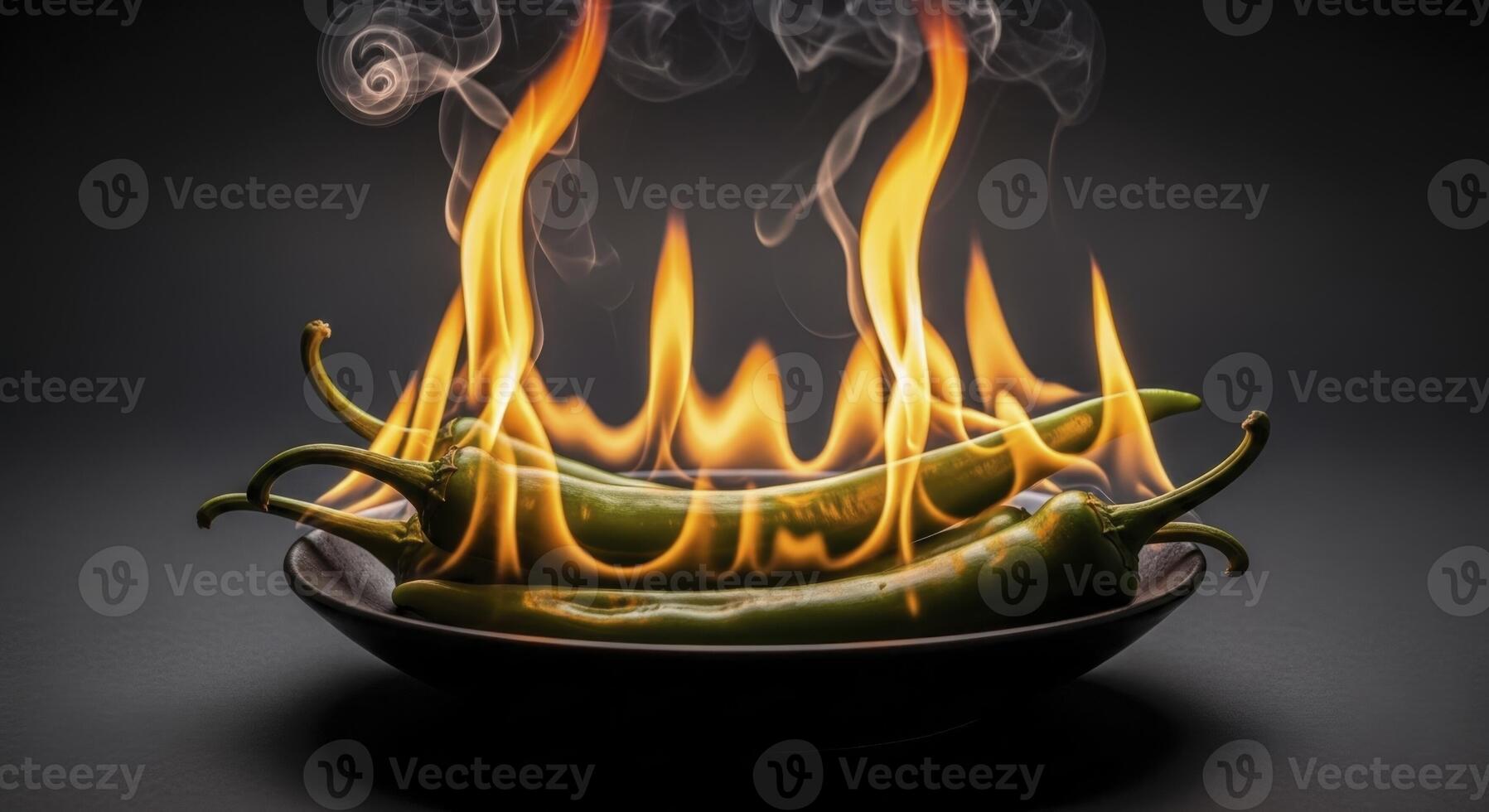 Fiery Green Chili Peppers on a Plate with Rising Smoke Symbolizing Intense Heat photo