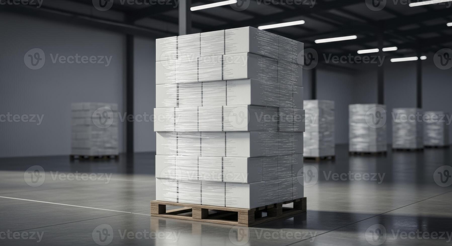 Large stack of white boxes on a wooden pallet in a modern industrial warehouse setting photo