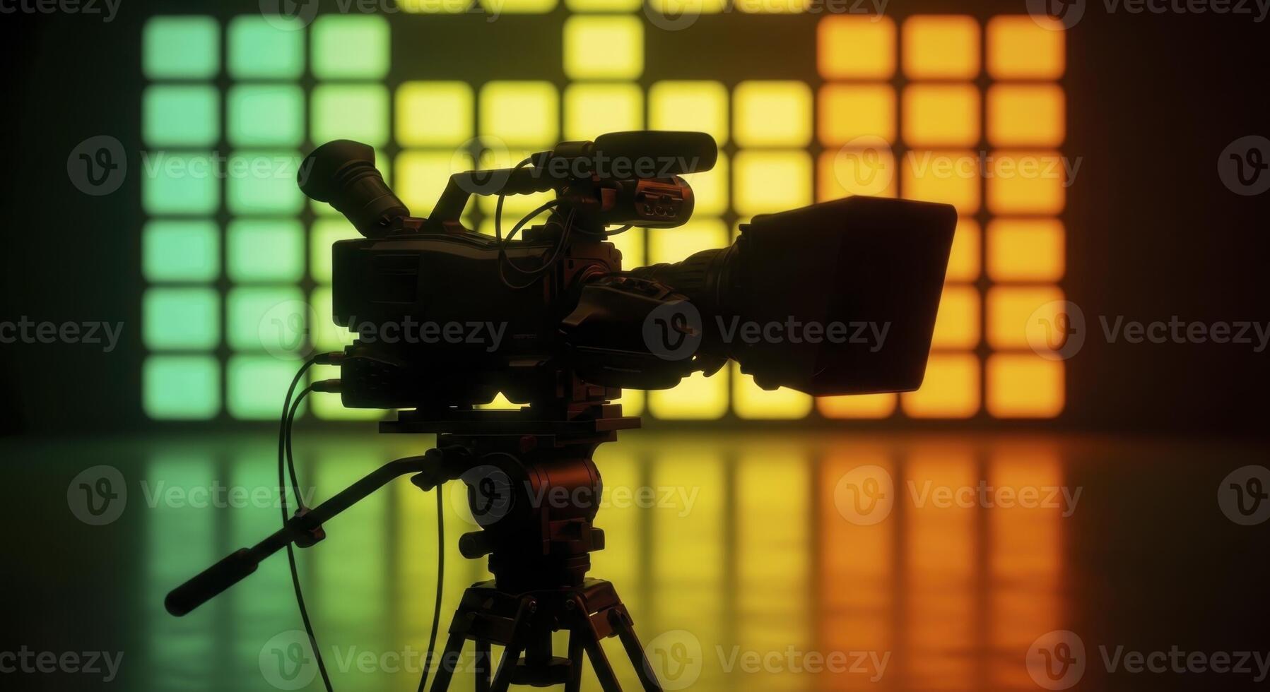 Professional Camera on Tripod in Studio with Colorful Illuminated Background photo
