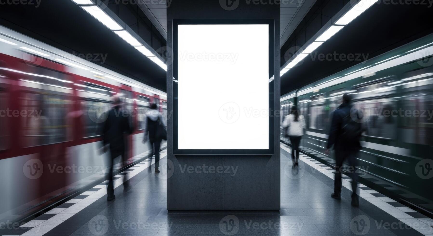 Blank Billboard Mockup in a Modern Subway Station with Blurred Trains and Commuters photo