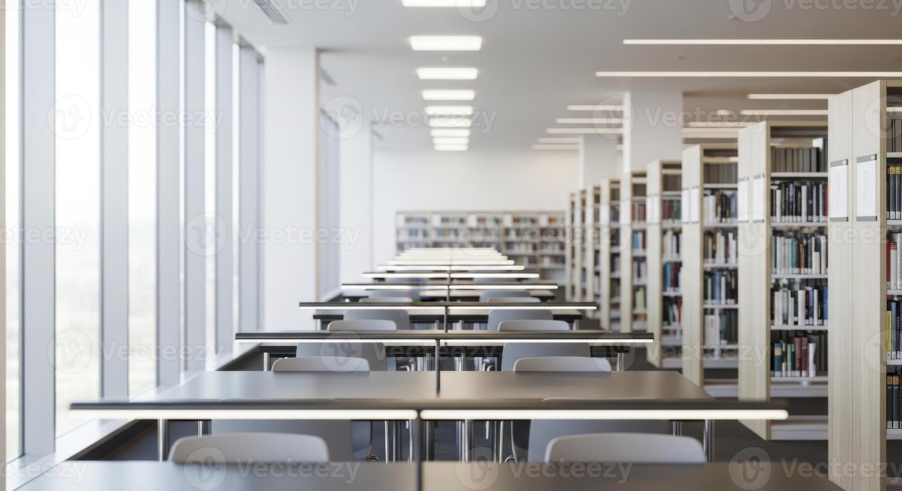 Modern Library Interior with Empty Study Tables and Bookshelves photo