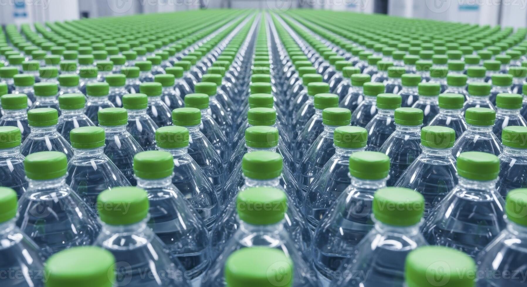 Endless Rows of Clear Plastic Water Bottles with Green Caps in a Bottling Plant photo
